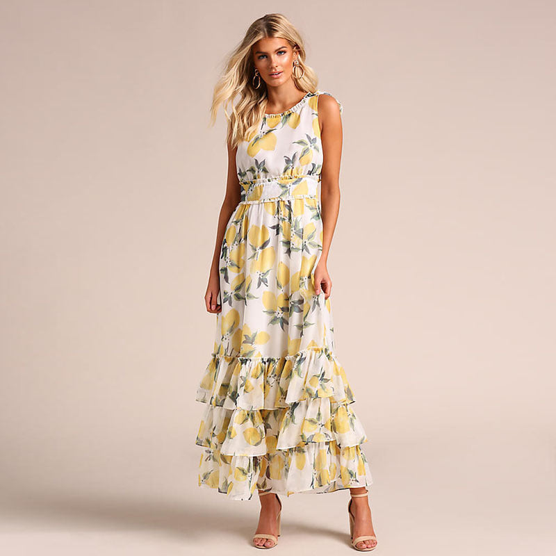 Tiered Sleeveless Lemons Maxi Dress