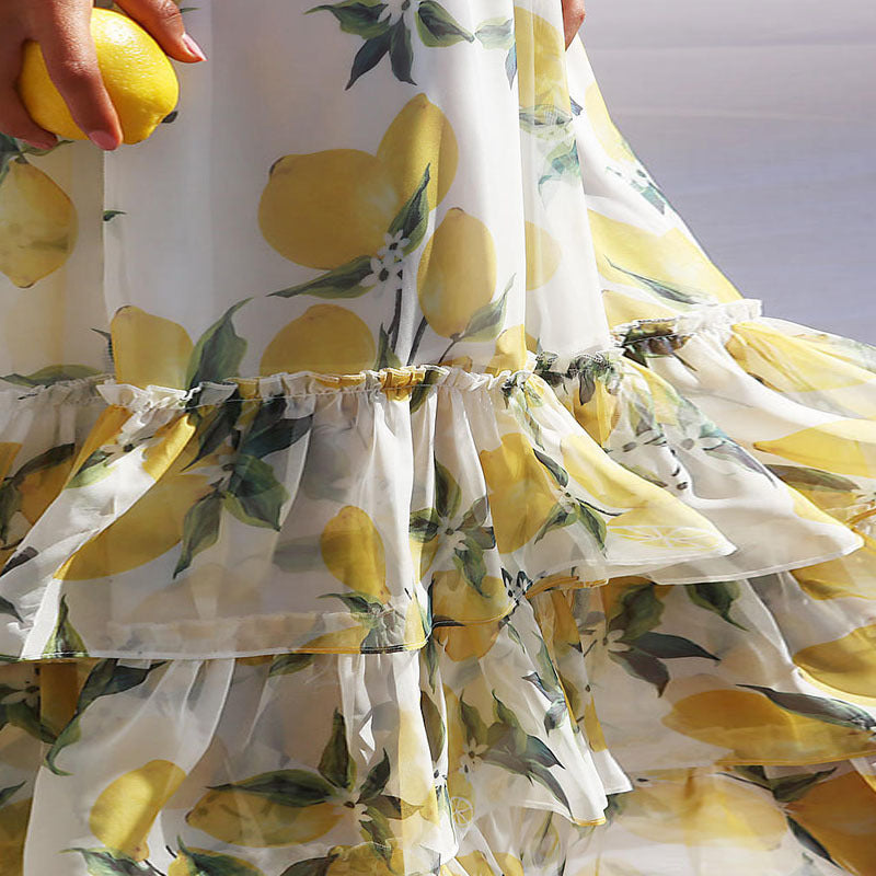 Tiered Sleeveless Lemons Maxi Dress