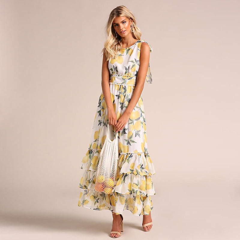 Tiered Sleeveless Lemons Maxi Dress