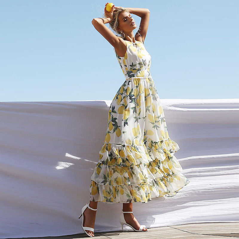 Tiered Sleeveless Lemons Maxi Dress