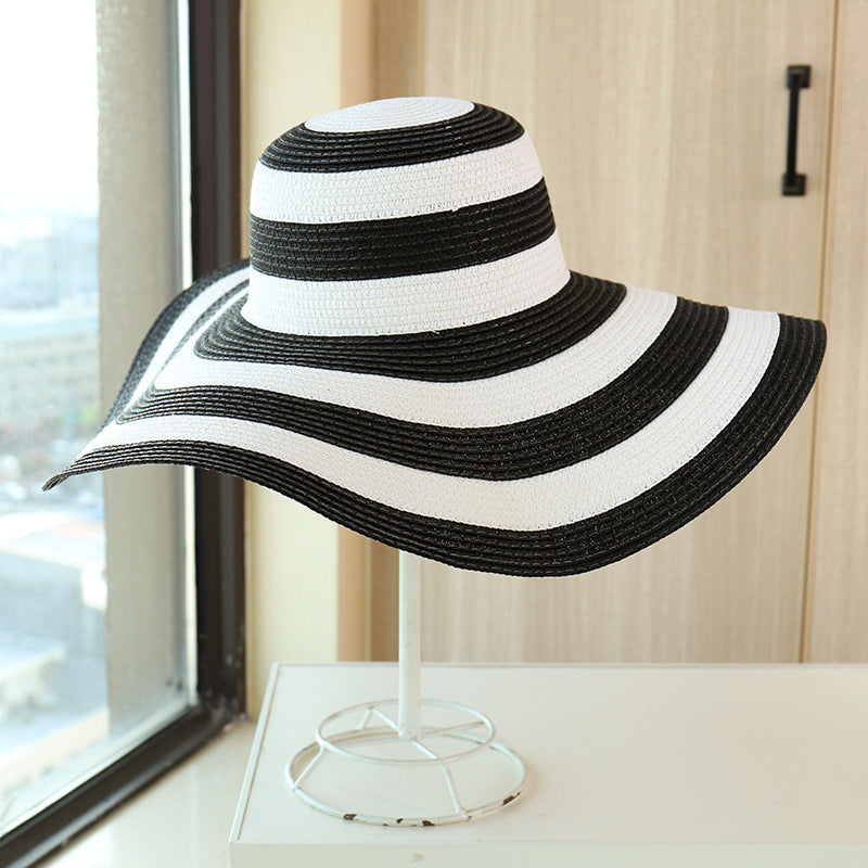 B&W Striped Floppy Straw Hat