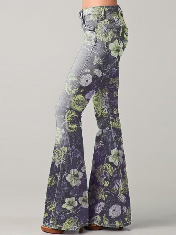 Gradient Floral Print Denim Flared Pants – High Waist Bell Bottom Jeans Green CJ Dropshipping Floral Bell Bottoms