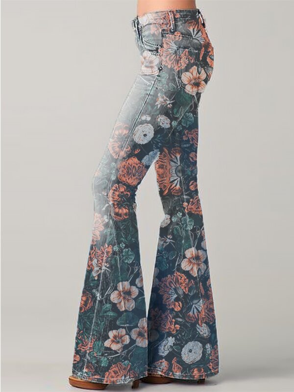 Gradient Floral Print Denim Flared Pants – High Waist Bell Bottom Jeans Red CJ Dropshipping Floral Bell Bottoms