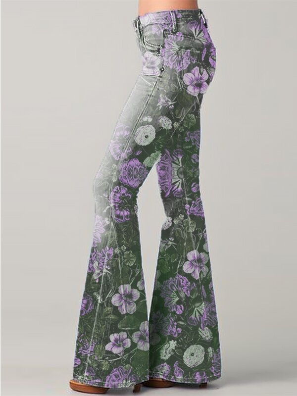Gradient Floral Print Denim Flared Pants – High Waist Bell Bottom Jeans Purple CJ Dropshipping Floral Bell Bottoms