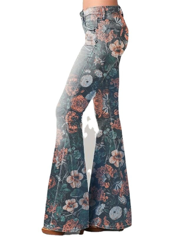 Gradient Floral Print Denim Flared Pants – High Waist Bell Bottom Jeans CJ Dropshipping Floral Bell Bottoms