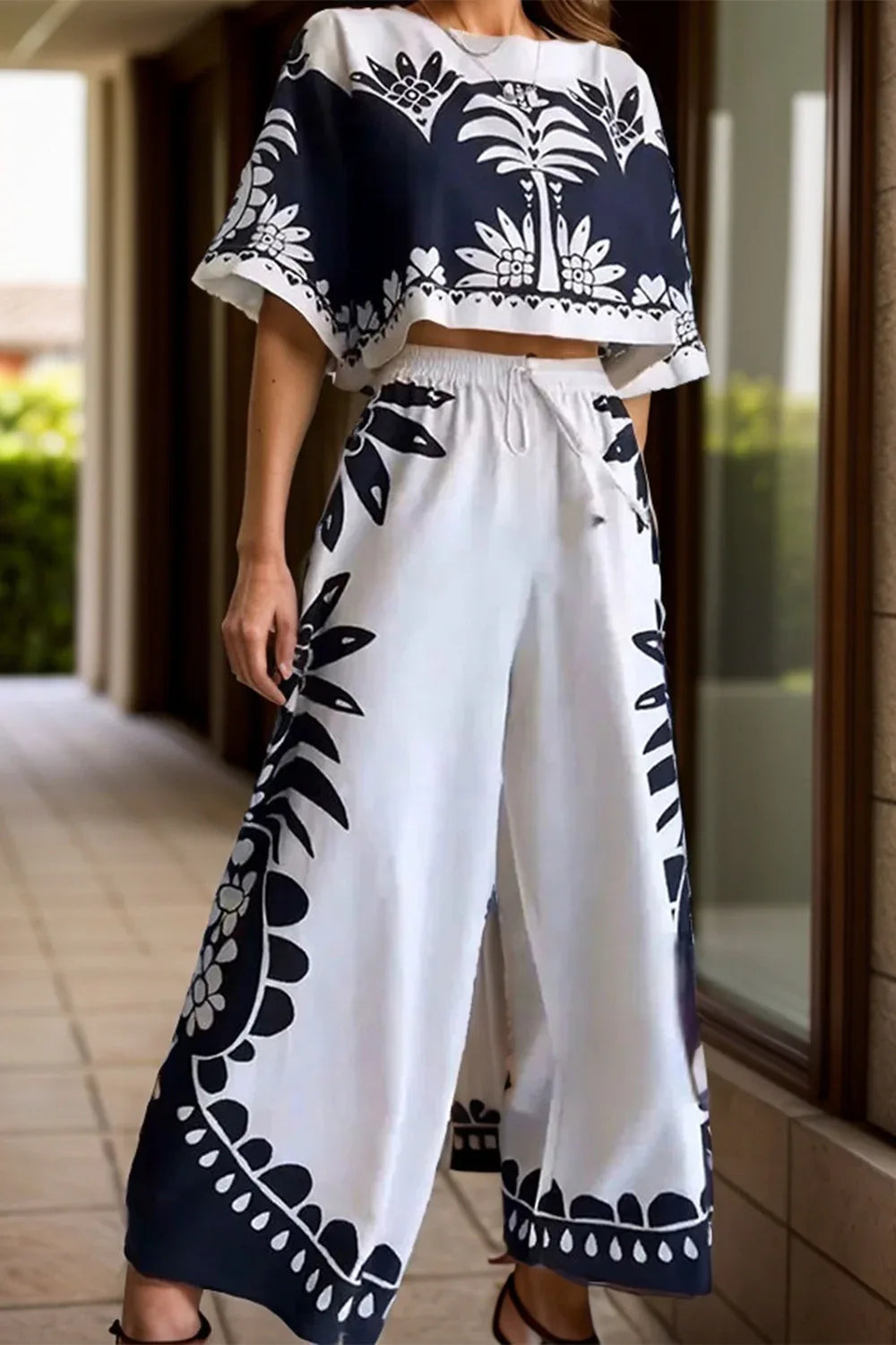 Printed Half Sleeve Top and Wide Leg Pants Set White Trendsi Navy Print Pantsuit