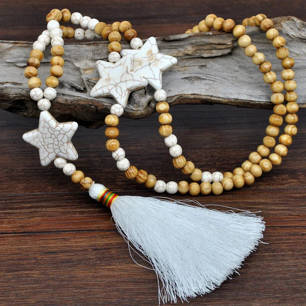 White Tassel Wooden Bead Long Star Necklace