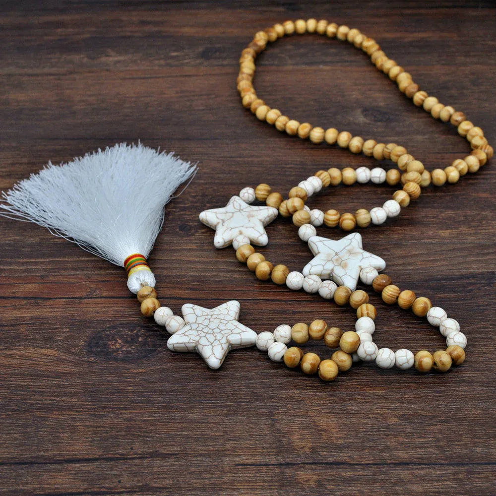White Tassel Wooden Bead Long Star Necklace - Bazaare Mart