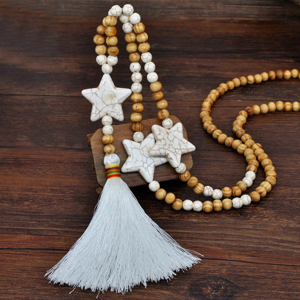 White Tassel Wooden Bead Long Star Necklace - Bazaare Mart