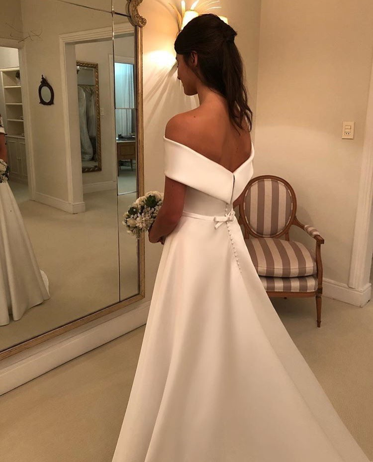 White Satin Off Shoulder Wedding Gown