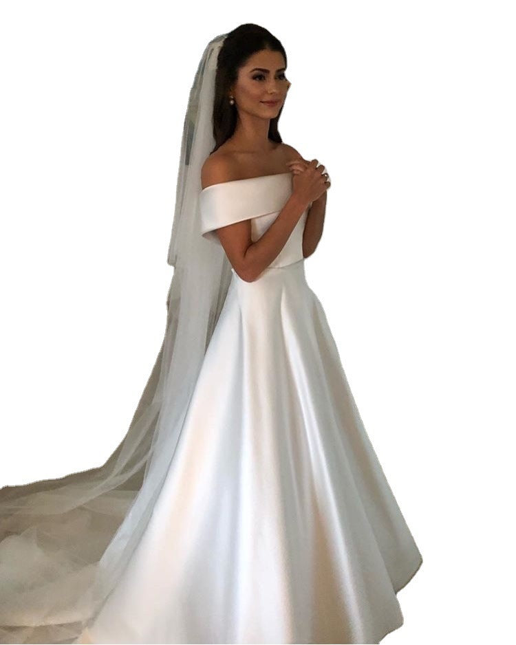 White Satin Off Shoulder Wedding Gown