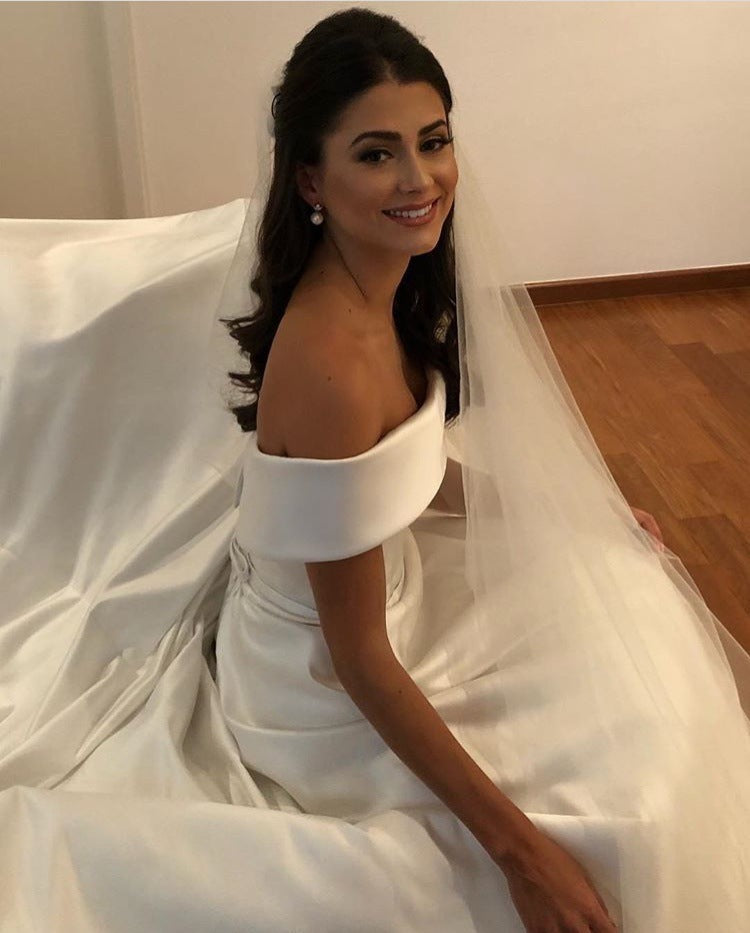 White Satin Off Shoulder Wedding Gown