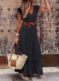 Women's Lace Stitch Cap Sleeve Maxi Dress Black Bazaare Mart Short Sleeve Maxi Dresses