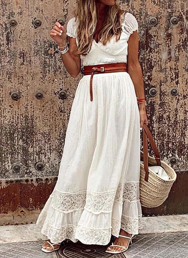 Women's Lace Stitch Cap Sleeve Maxi Dress Bazaare Mart Short Sleeve Maxi Dresses