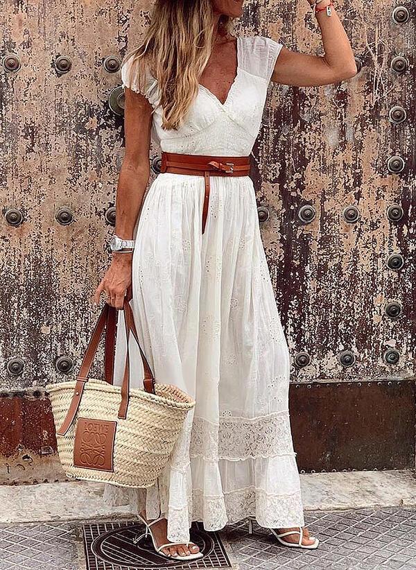Women's Lace Stitch Cap Sleeve Maxi Dress Bazaare Mart Short Sleeve Maxi Dresses