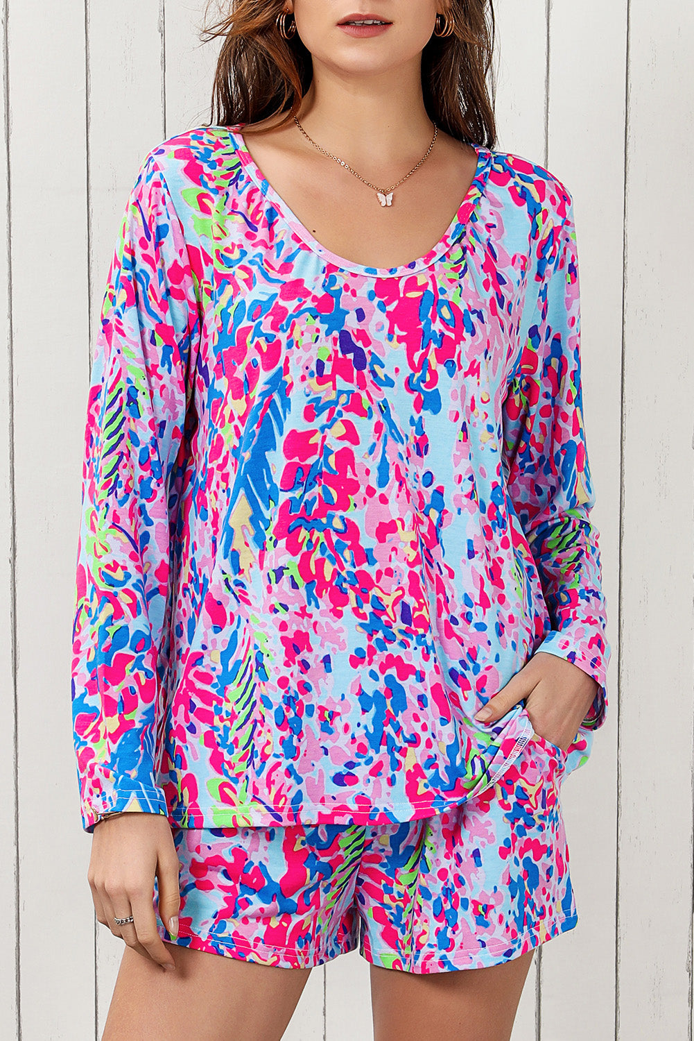 Multicolor Printed 3/4 Sleeve Split Neck Plus Size Tunic Top