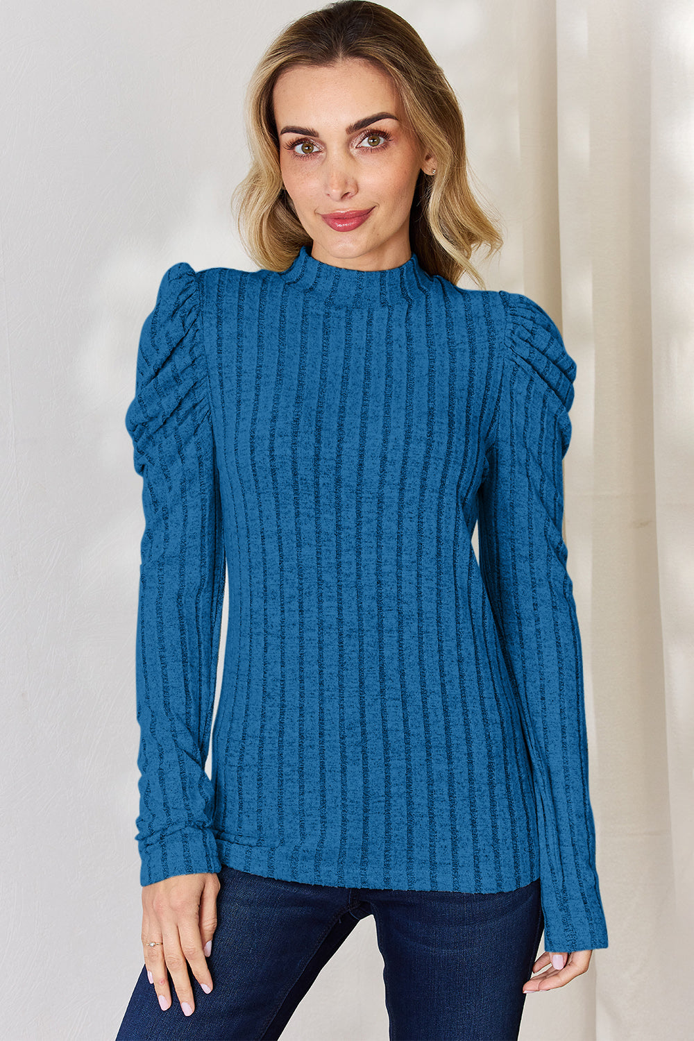 Ribbed Mock Neck Puff Long Sleeve Top