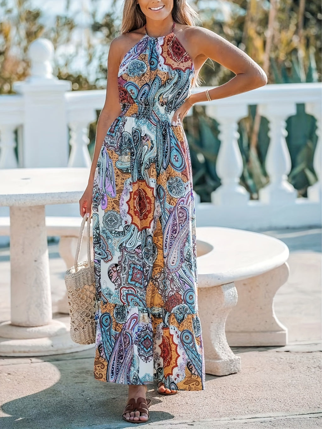 Mandala Printed Halter Maxi