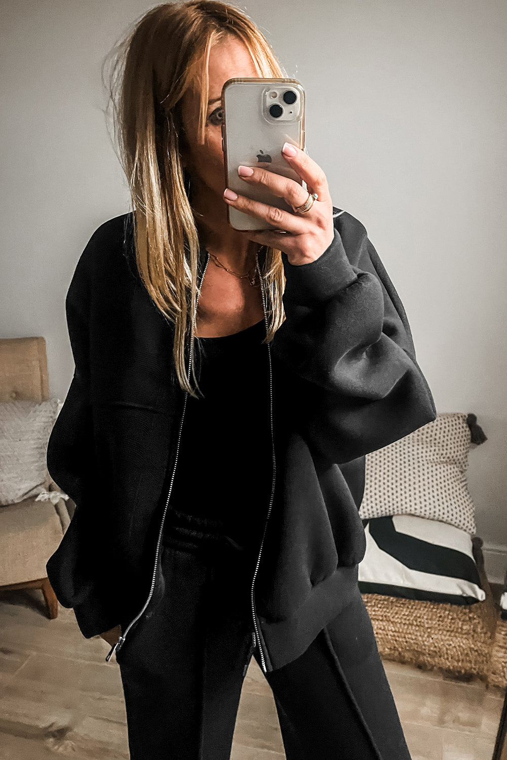 Black Zipper Jacket Drawstring Waist Pants Set