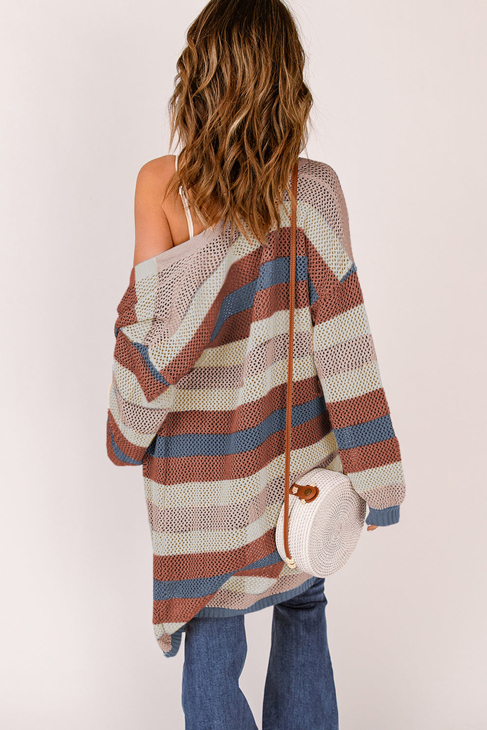 Blue Striped Color Block Hollowed Knit Cardigan