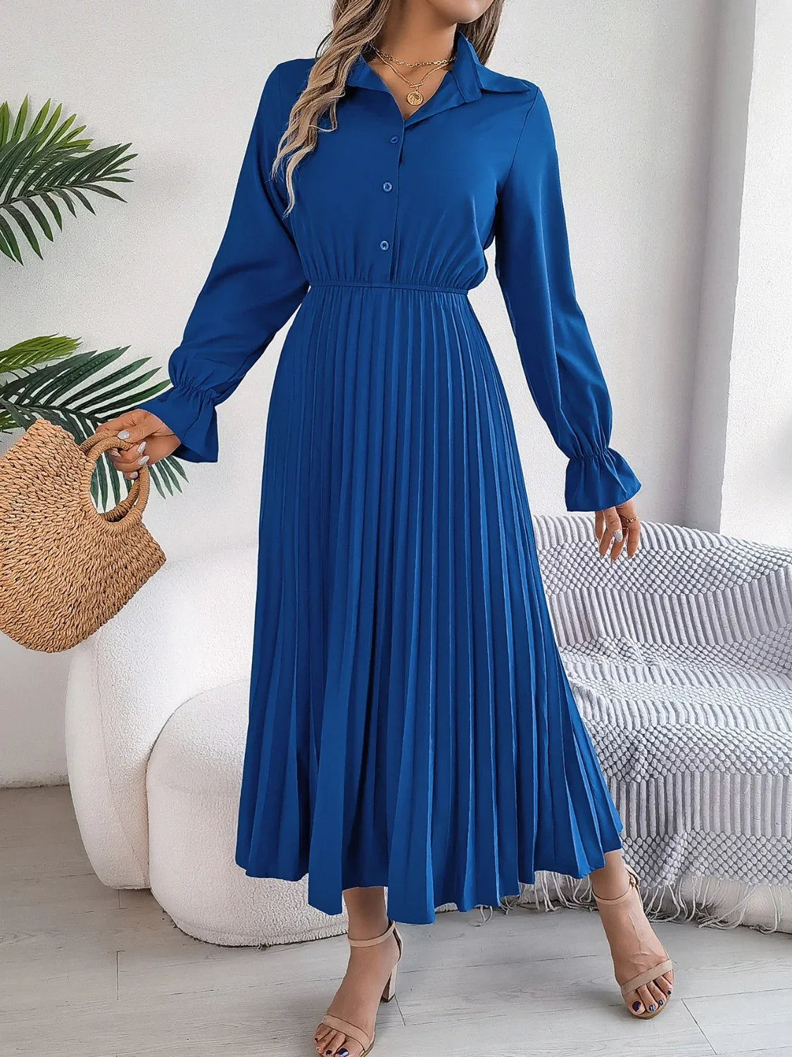 Pleated Half Button Long Sleeve Midi Dress Royal Blue Bazaare Mart Pleated Half Button Long Sleeve Midi Dress