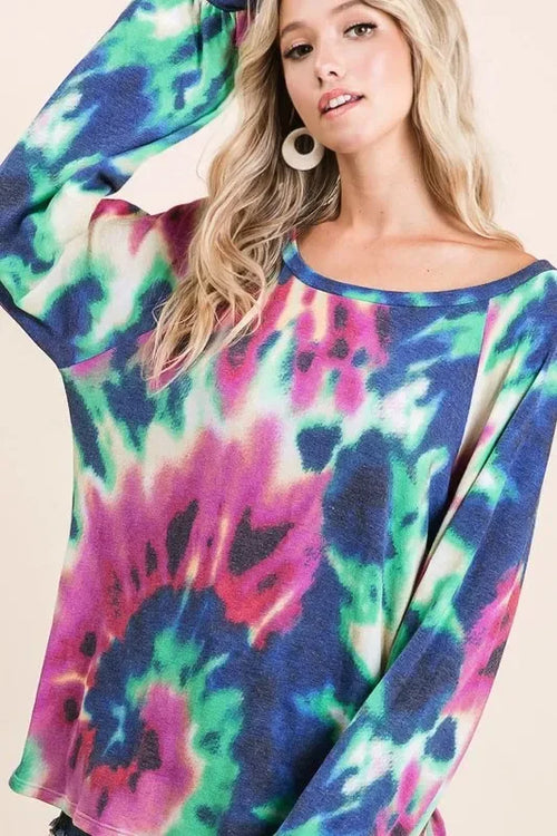 BiBi Dark Tie-Dye Terry Top with Long Puff Sleeves Bazarre Mart Dark Tie-Dye Long Sleeve Oversized Shirt