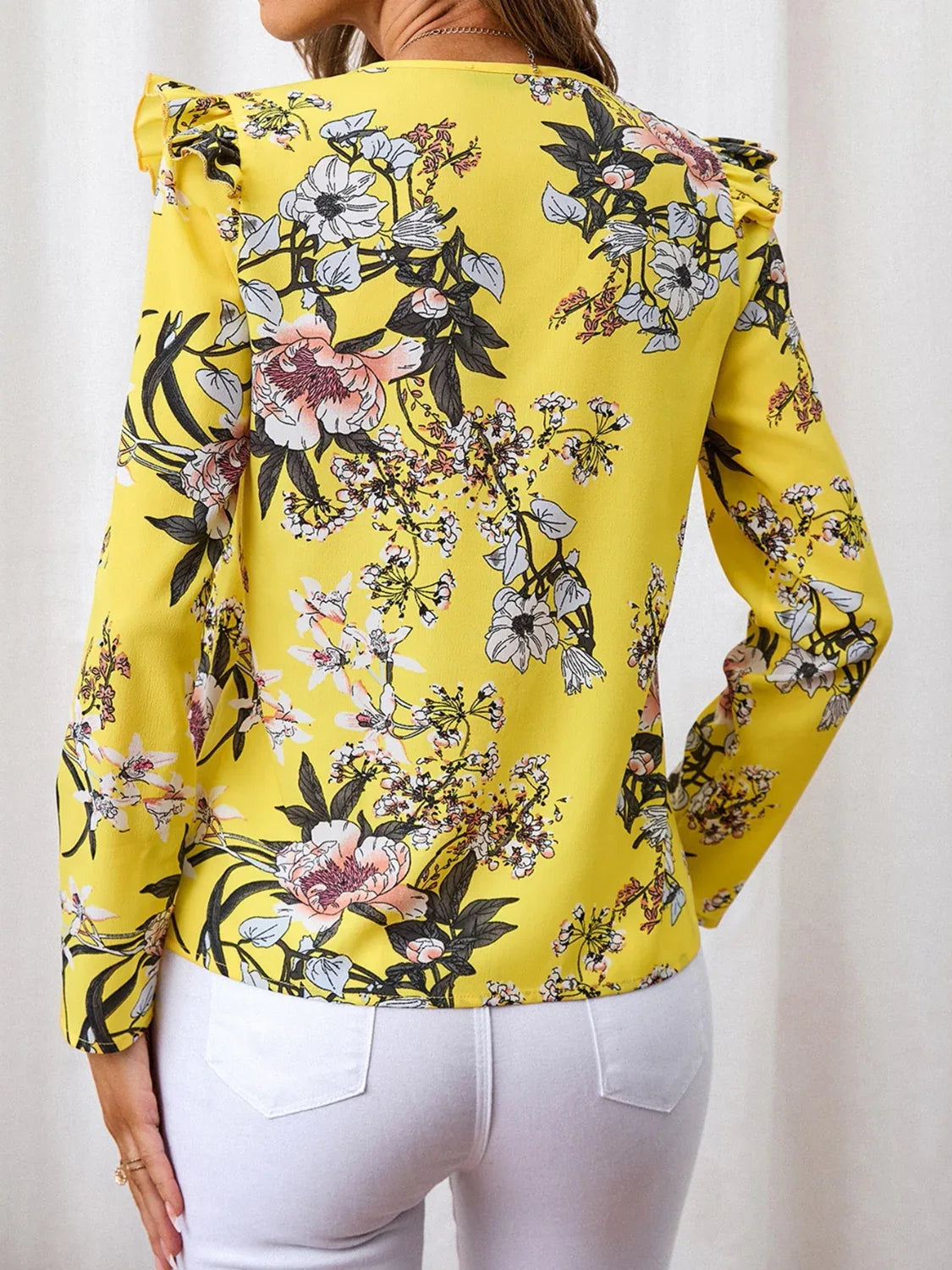 Ruffled Printed V-Neck Long Sleeve Blouse Bazaare Mart Ruffled Printed V-Neck Long Sleeve Blous