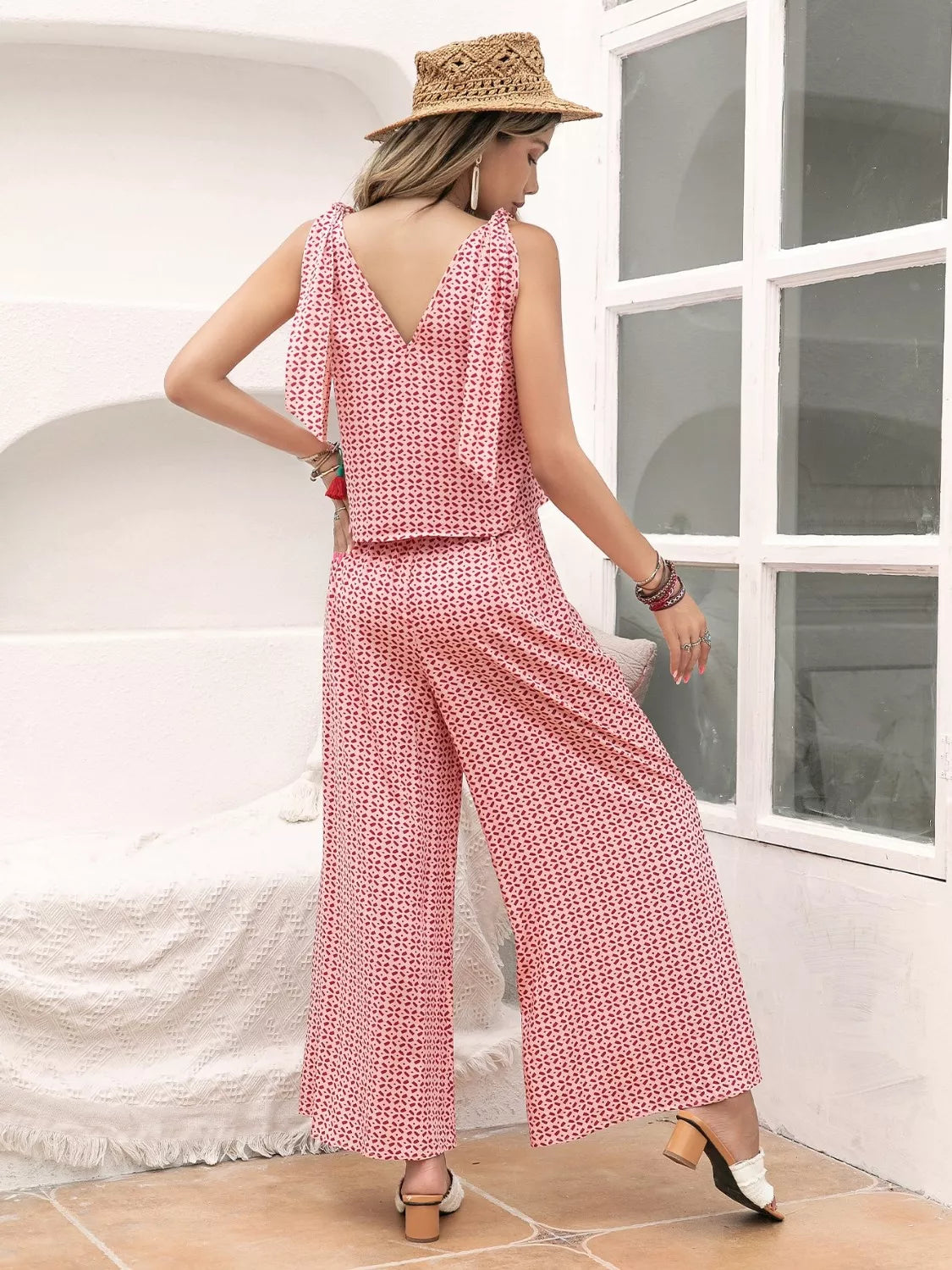Gingham Tie Shoulder Top and Pants Set Trendsi Gingham Tie Shoulder Top and Pants Set