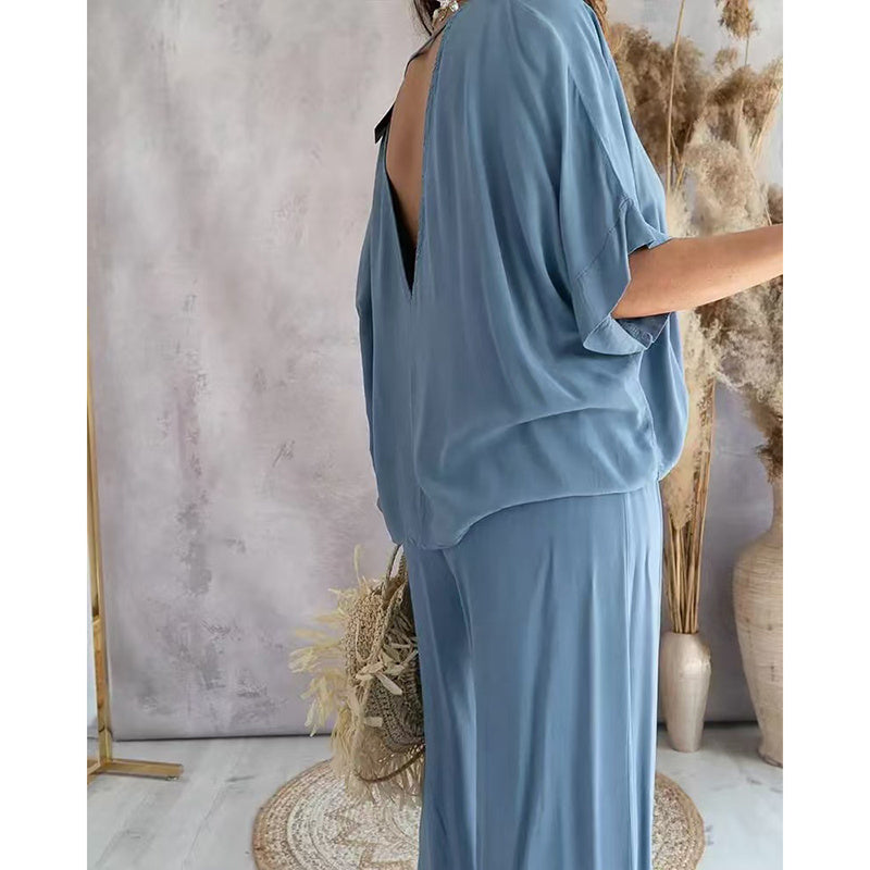 Solid Color V-Neck Half Sleeve Top And Wide Leg Pants Set