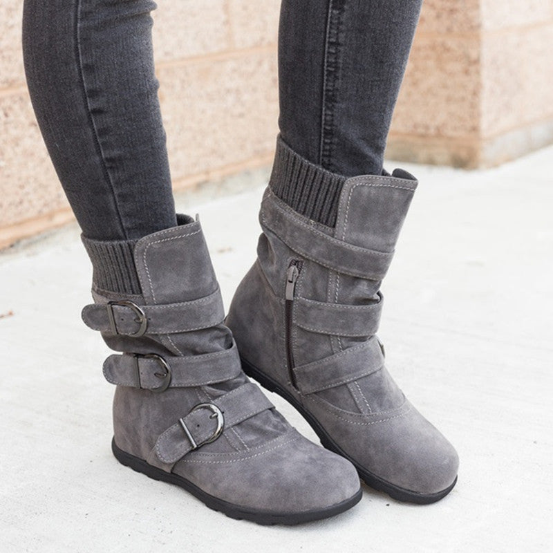 Casual Faux Suede Buckle Mid-Calf Flat Boots