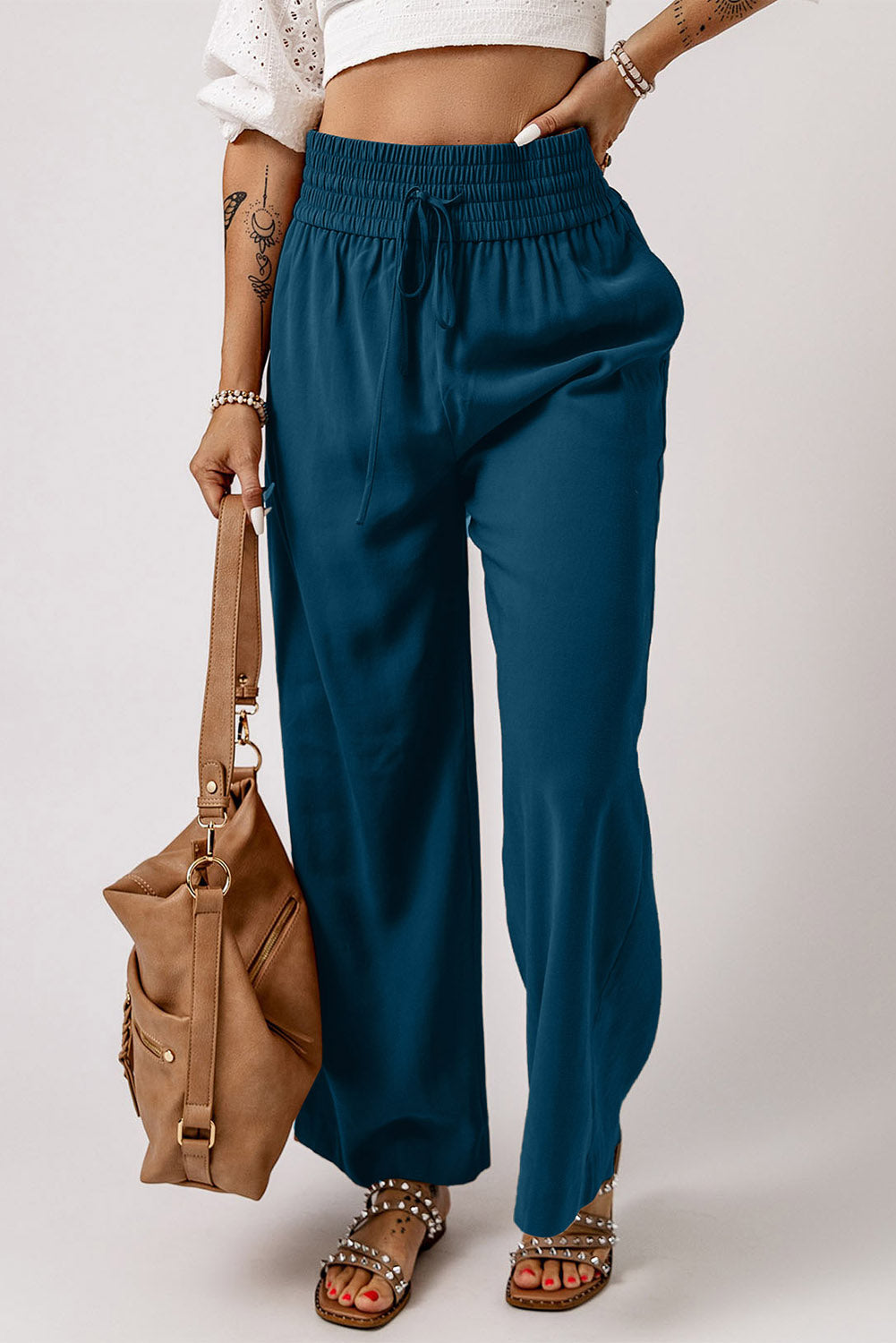 Drawstring Elastic Waist Casual Wide Leg Pants