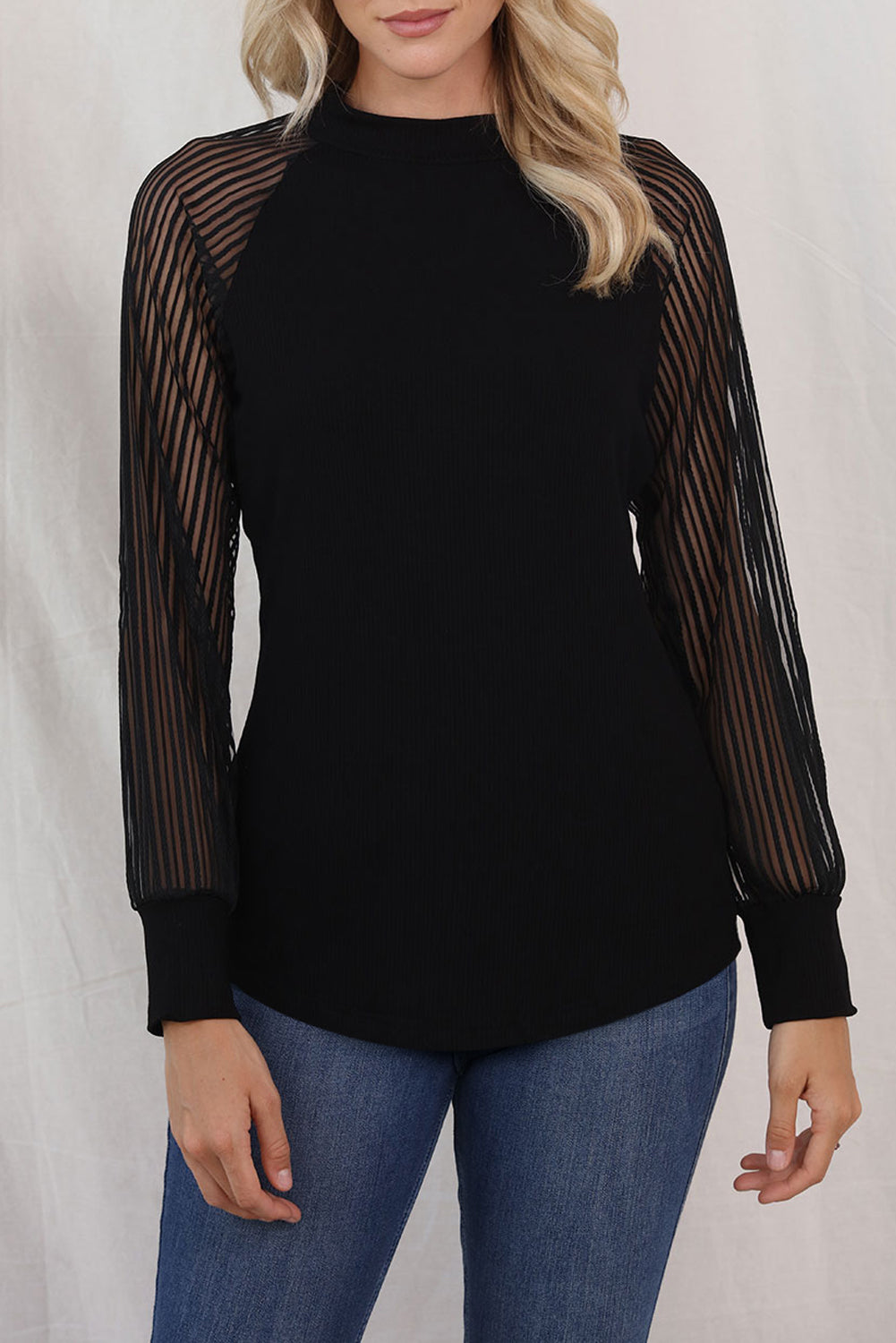 Black Ribbed Knit Sheer Striped Sleeve Plus Size Top