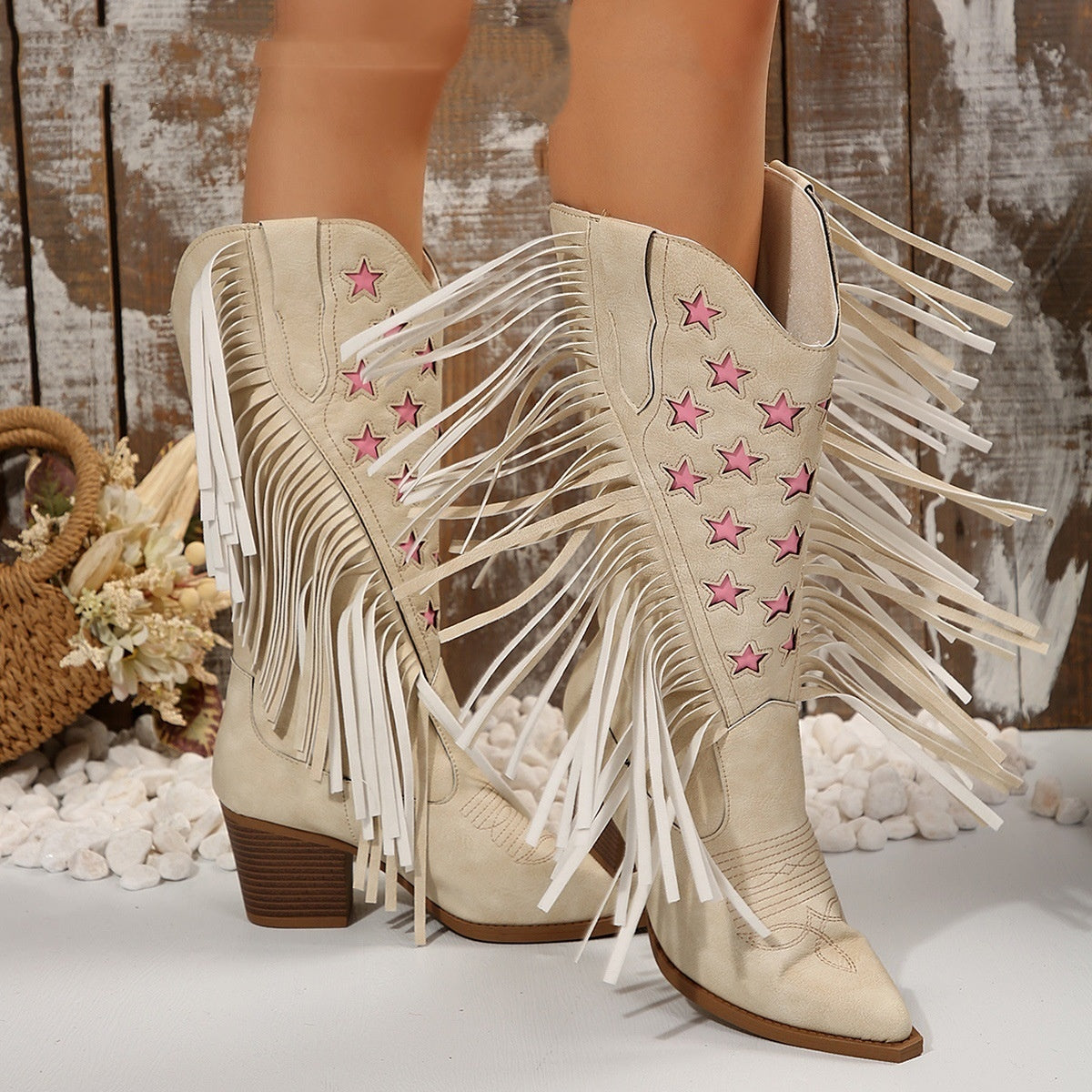 High Heel Tassel Embroidered Stars Western PU Leather Boots