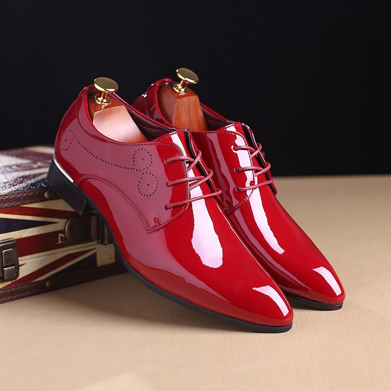 Red Men's Patten Leather Lace Up Dress Shoes