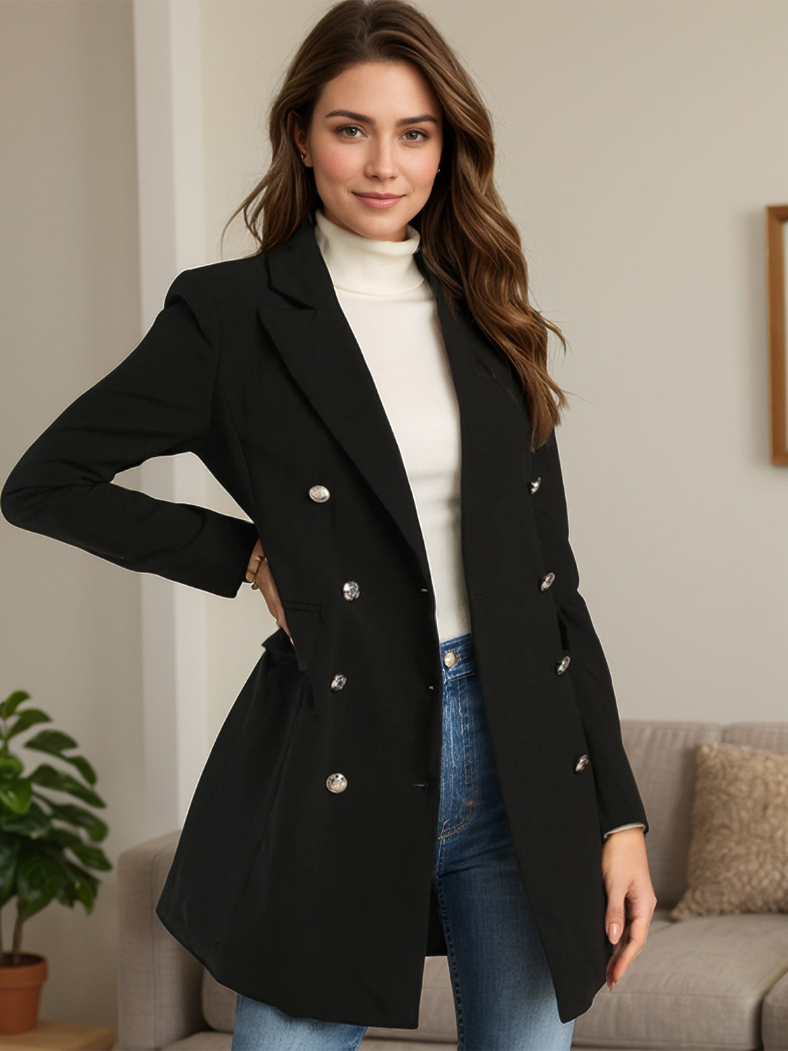 Double Breast Lapel Collar Long Sleeve Blazer