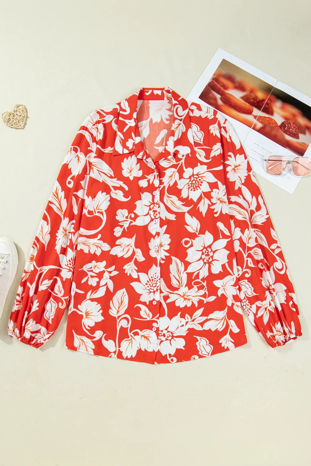 Red Floral Button Up Blouse Bazaare Mart Plus Size/Plus Size Tops/Plus Size Blouses & Shirts