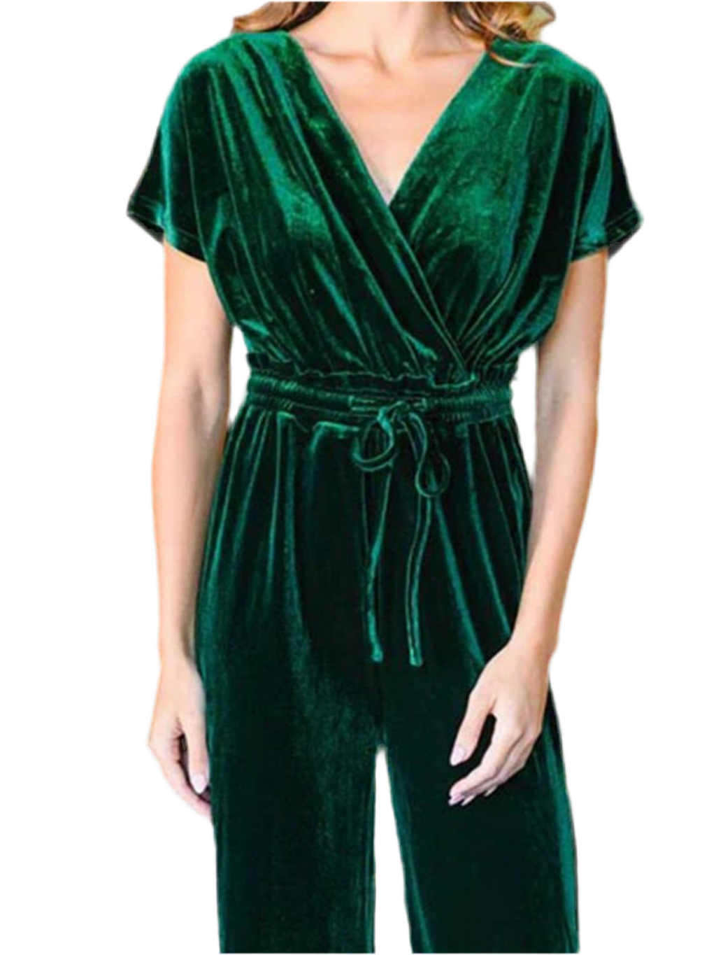 Drawstring Surplice Short Sleeve Velvet Jumpsuit