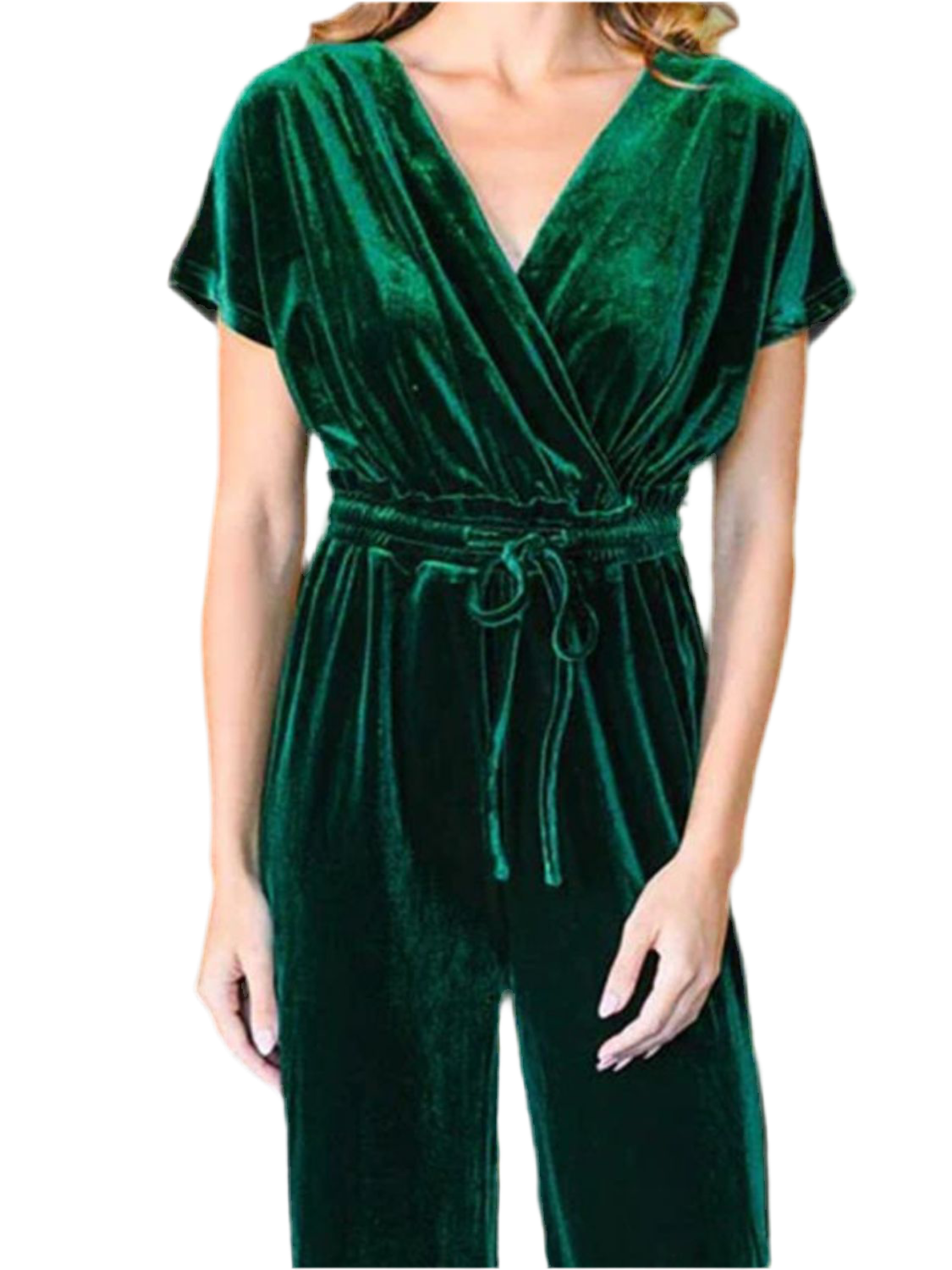 Drawstring Surplice Short Sleeve Velvet Jumpsuit