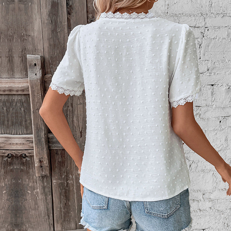 Lacey V-neck Short-sleeved Swiss Dot Blouse CJ Dropshipping Swiss Dot Short Sleeve Blouse