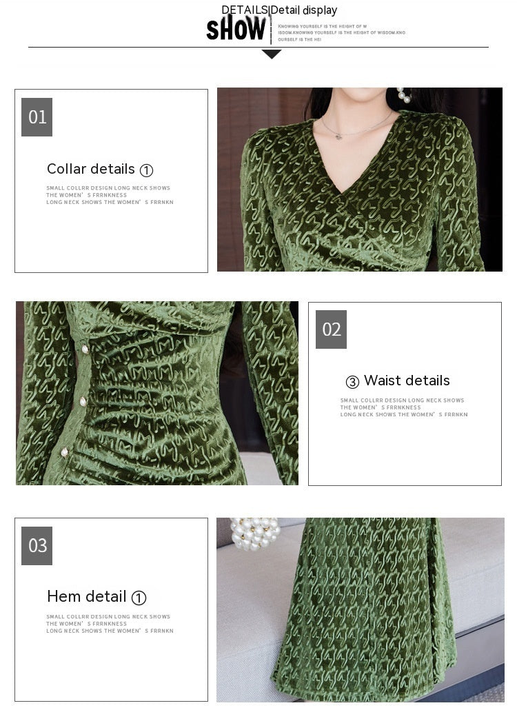 Elegant Slim-fit V-neck Textured Velvet Midi Dress