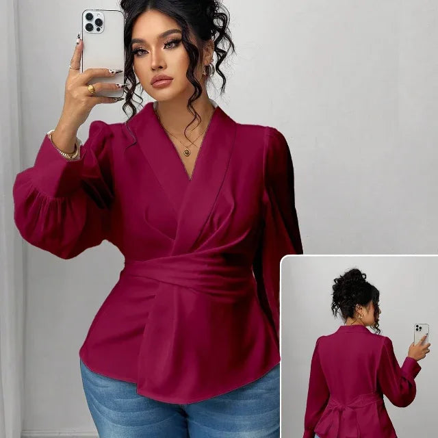 Mesh Semi-Sheer Wrap Button-Front Long Sleeve Blouse Burgundy Bazaare Mart Mesh Wrap Long Sleeve Blouse