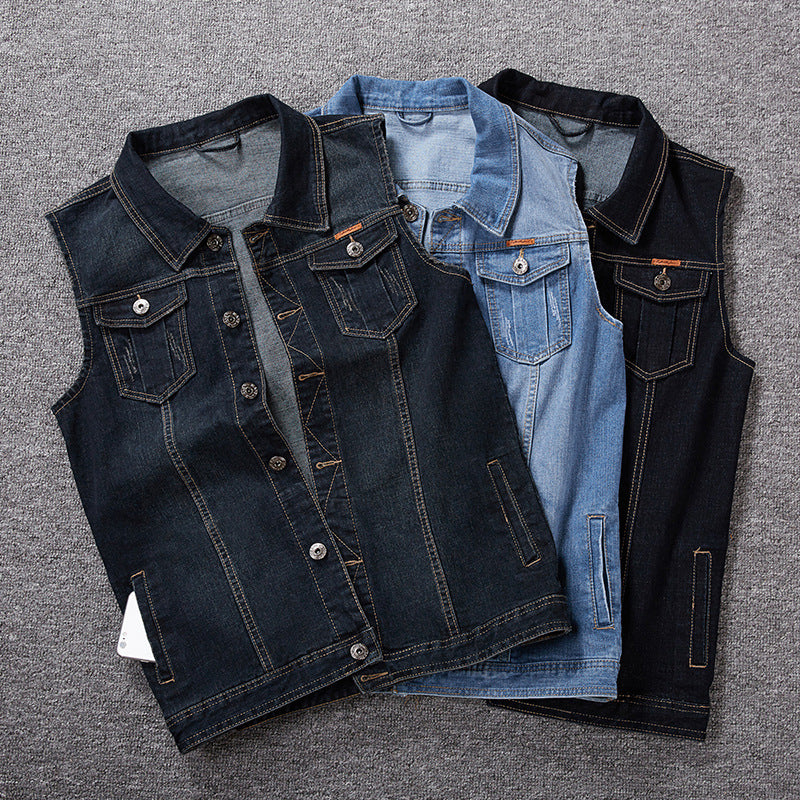 Retro Button Up Collared Round Neck Denim Vest