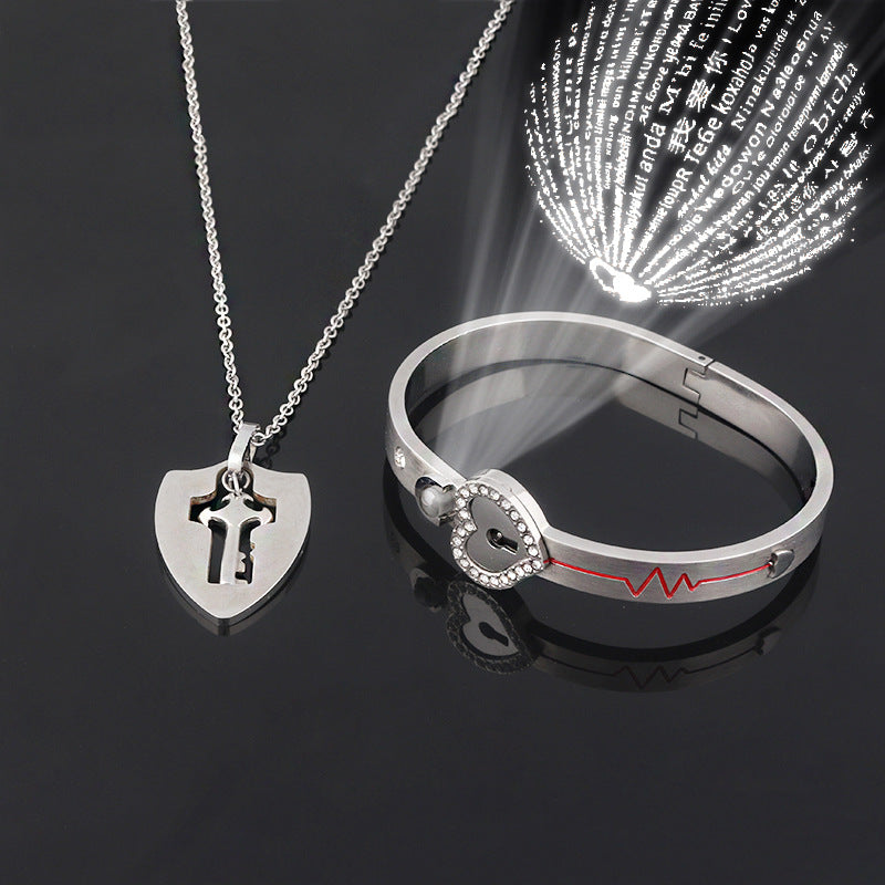 Couple's Love Lock Bracelet & Key Necklace Set