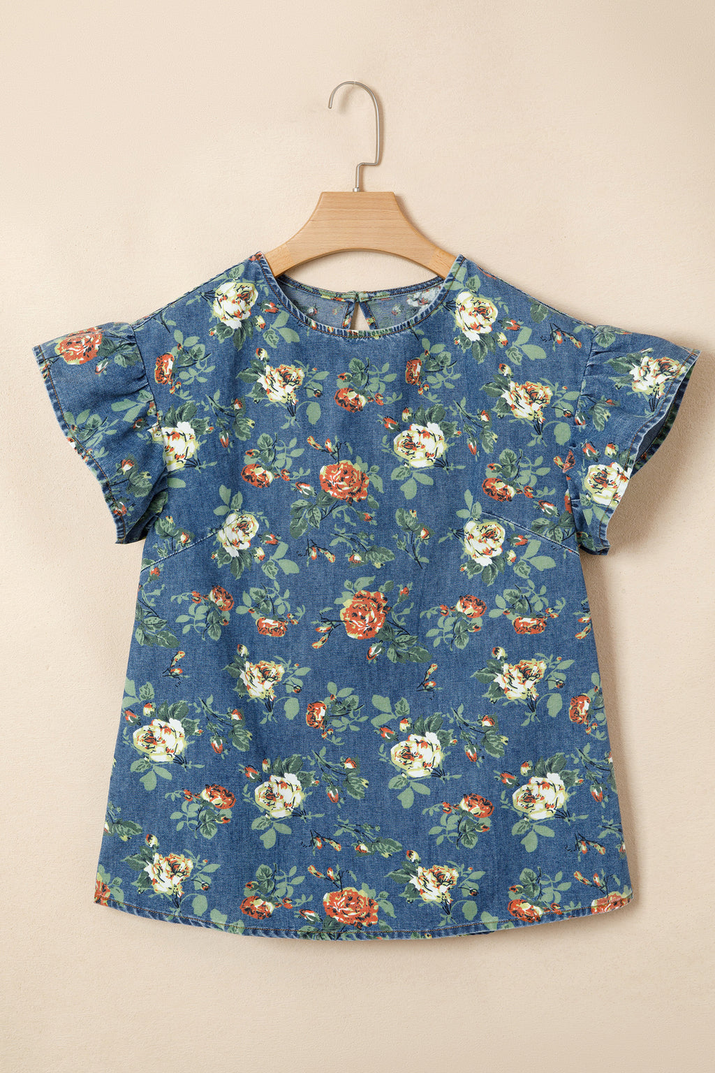 Ashleigh Blue Floral Denim Top – Ruffle Sleeve Washed Denim Blouse Dear-Lover Dropshipping Tops/Tops & Tees