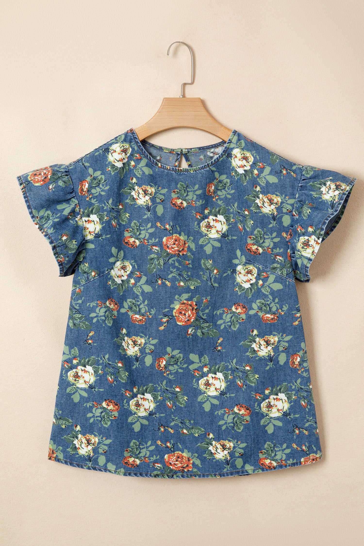 Ashleigh Blue Floral Denim Top – Ruffle Sleeve Washed Denim Blouse Dear-Lover Dropshipping Tops/Tops & Tees