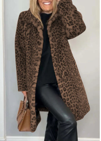 Faux Leopard Print Fur Dress Coat