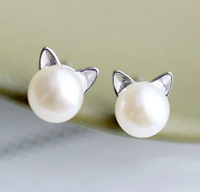 CuteEarrings Silver Bazaare Mart Pearl Cat Earrings