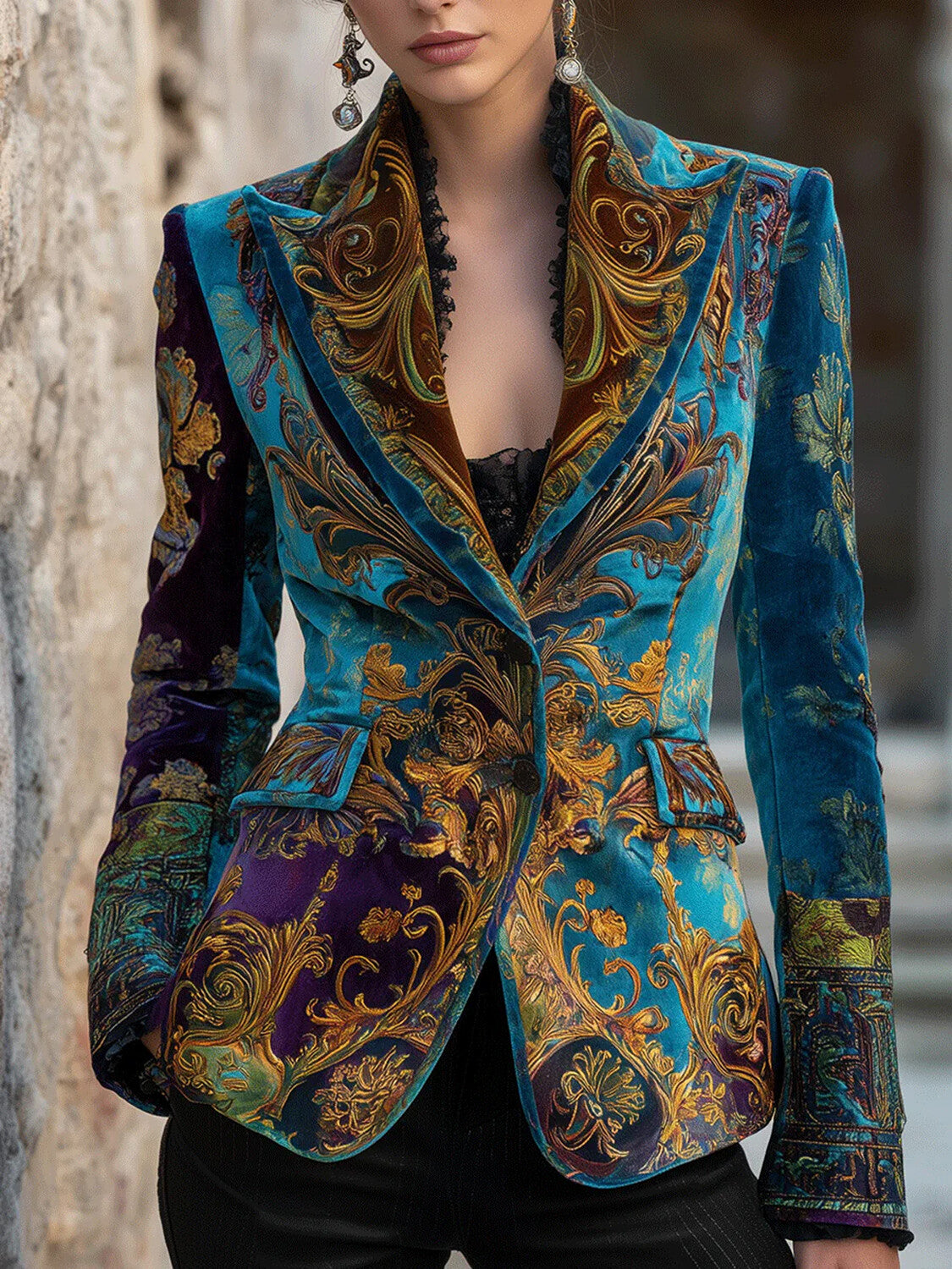 Vintage Peacock Blue & Gold Gilded Baroque Velvet Blazer