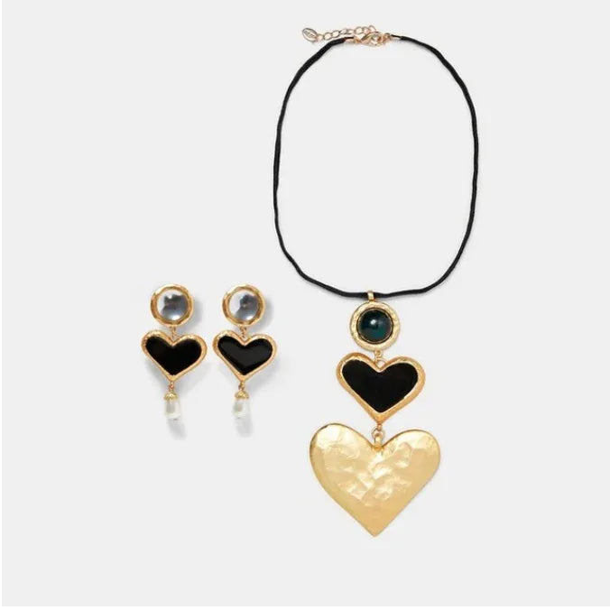 Exaggerated Heart Earrings and Necklace A4style Bazaare Mart Black Heart Necklace Set