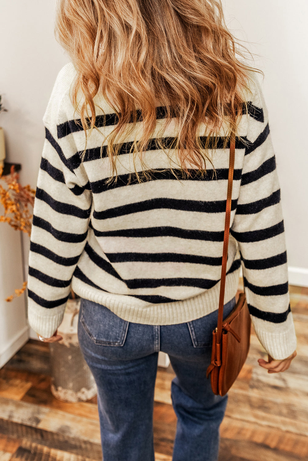 Black Striped Knit Drop Shoulder Collared V Neck Sweater